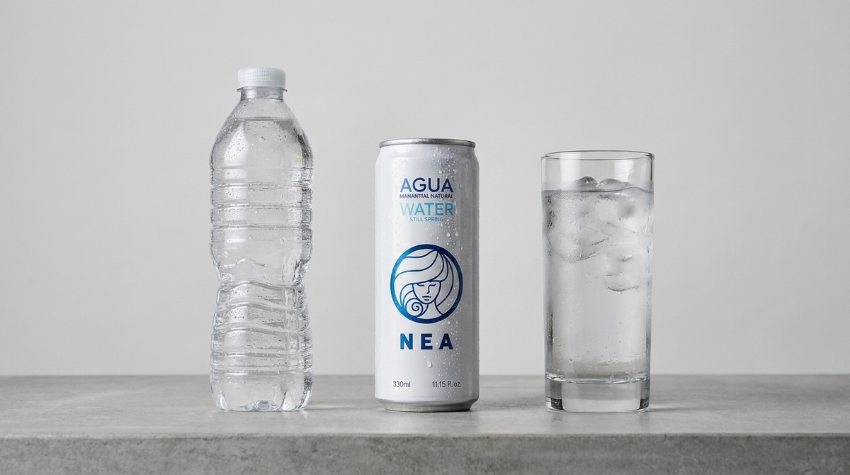 Comparativa de envases: botella plástico, lata NEA y vaso de agua del grifo