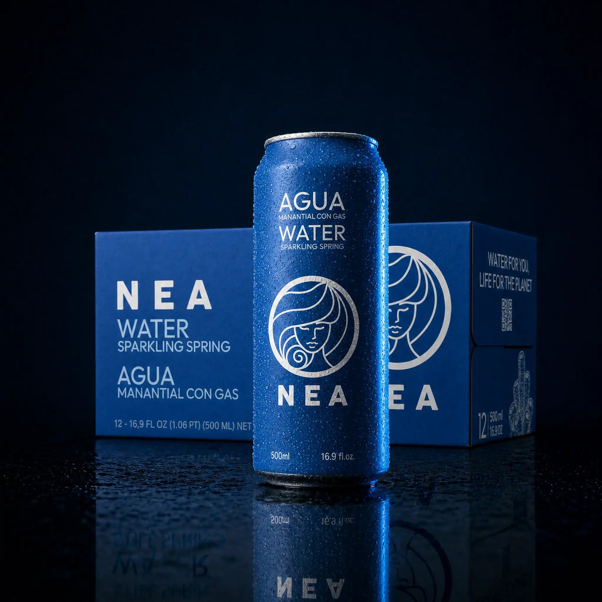 Lata y caja de AGUA CON GAS DE MANANTIAL NEA 50CL, pack de 12 latas de aluminio