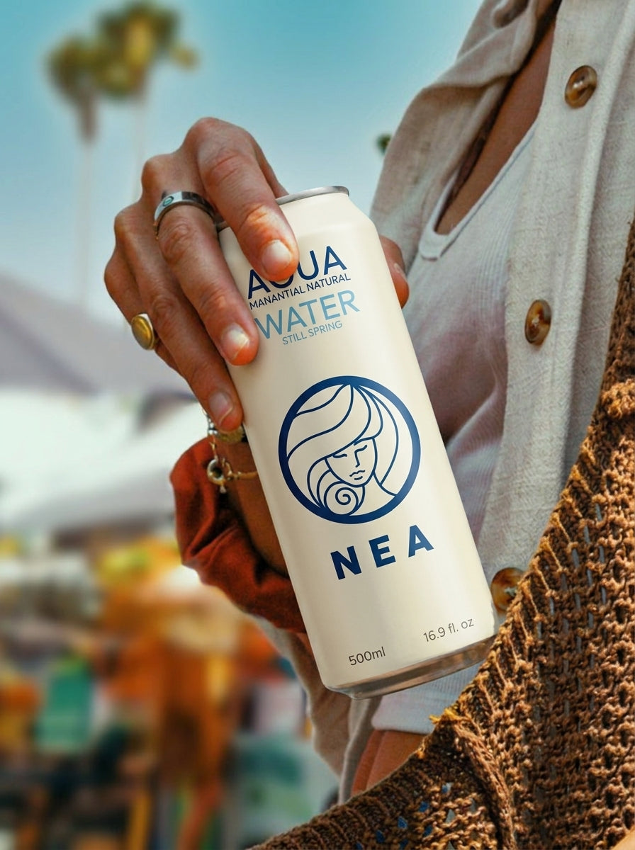 Lata NEA agua manantial 50cl sobre superficie, formato generoso sin plástico