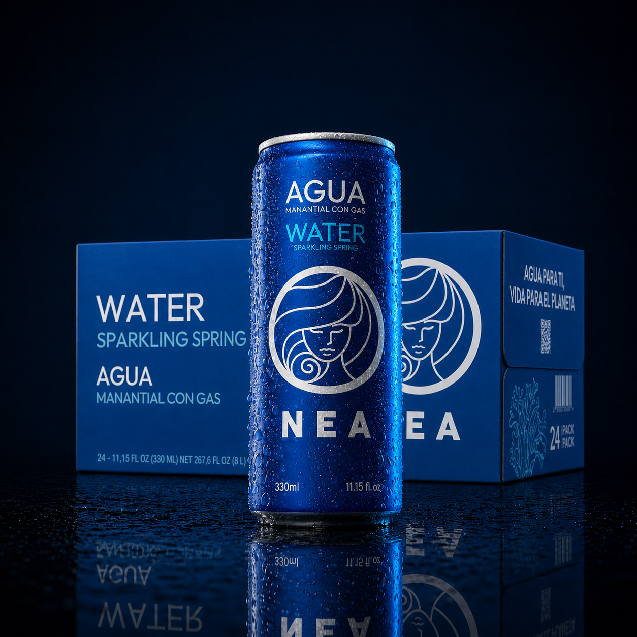 Frontal lata NEA agua con gas 33cl, aluminio 100% reciclable, alternativa sin plástico — vista pack