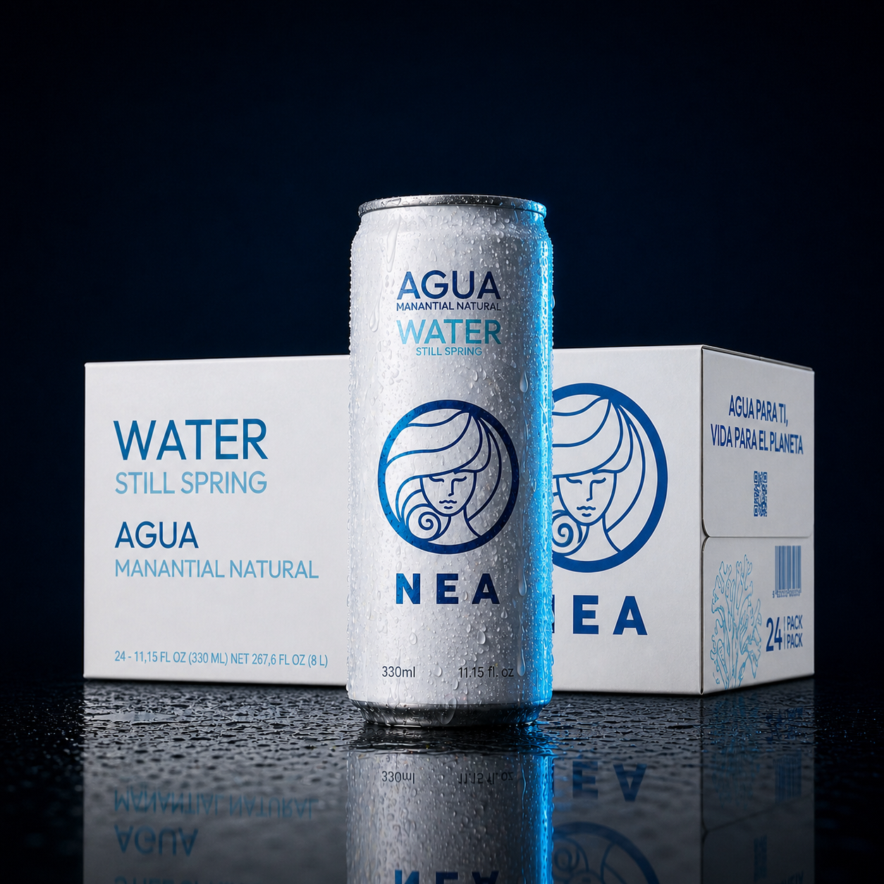 Vista lateral lata NEA agua manantial 33cl, Alpes austriacos en lata aluminio reciclable