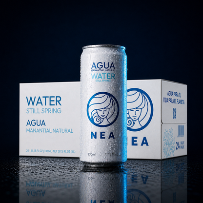 Vista lateral lata NEA agua manantial 33cl, Alpes austriacos en lata aluminio reciclable