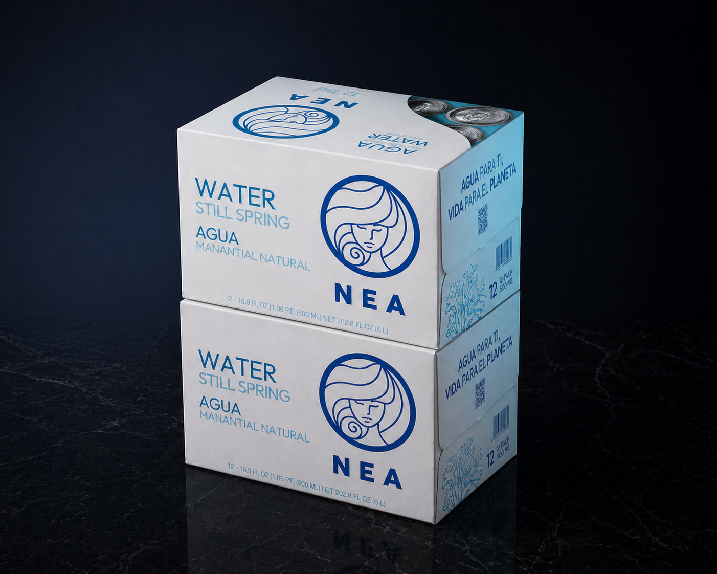Vista frontal pack NEA agua de manantial 50cl, solución eco premium para eventos y oficinas
