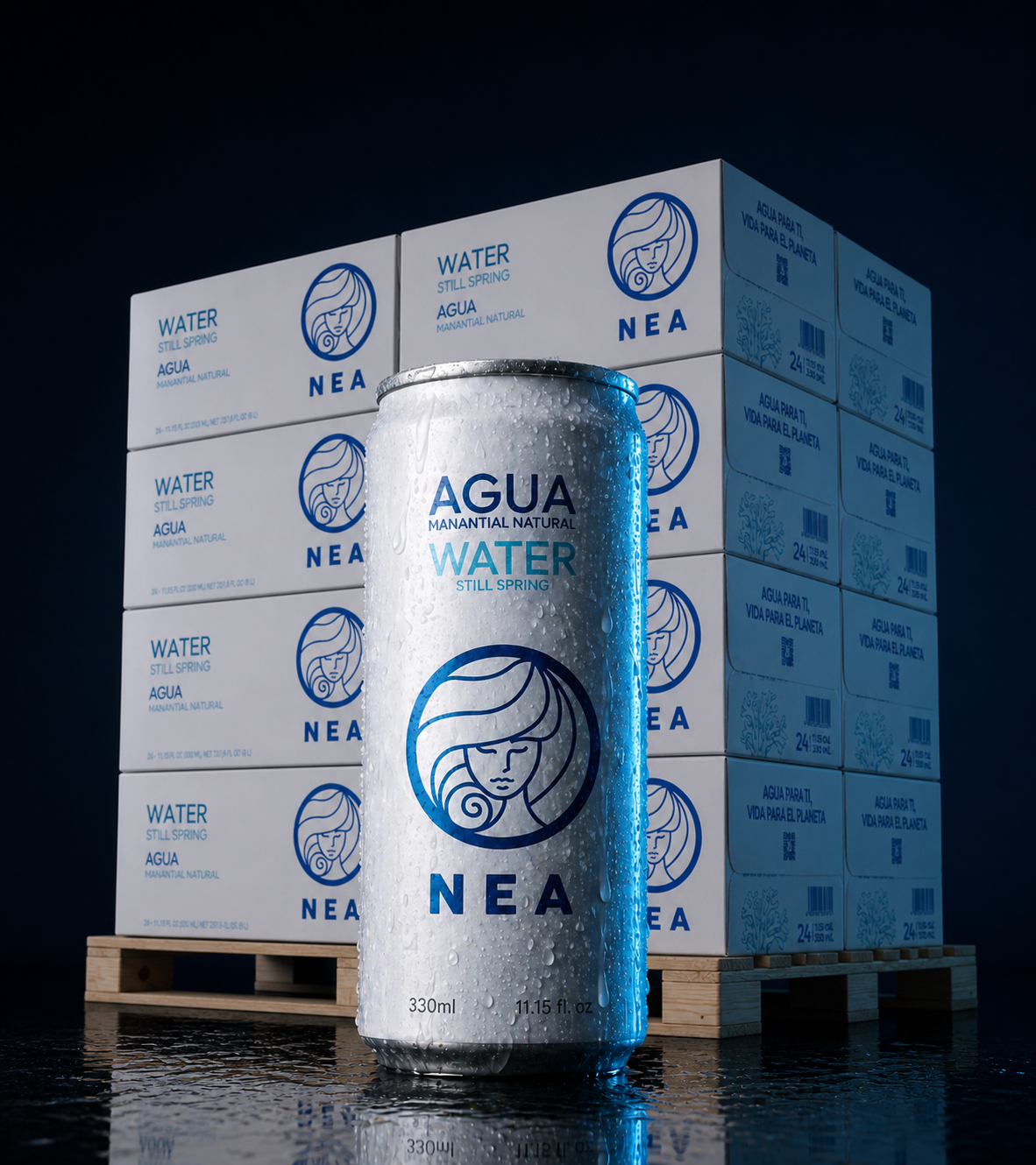 Pallet NEA agua manantial 33cl, 2400 latas aluminio reciclable sin plástico para empresas