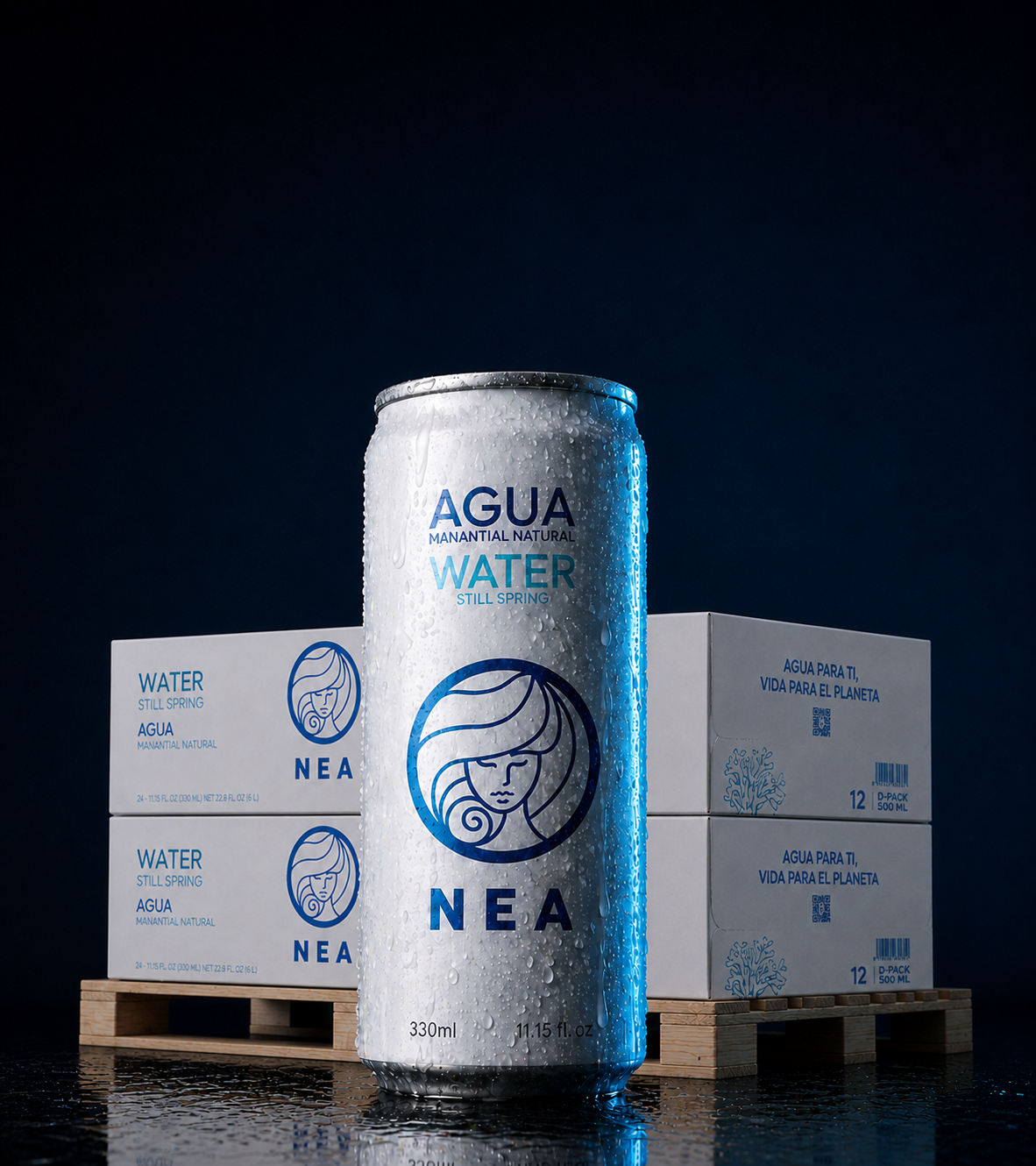 Vista lateral pallet NEA agua manantial 33cl, 100 cajas sostenibles para HORECA y eventos