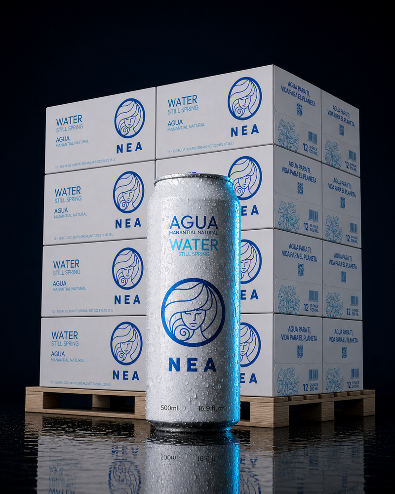 Pallet completo NEA agua manantial 50cl, 1728 latas aluminio reciclable sin plástico
