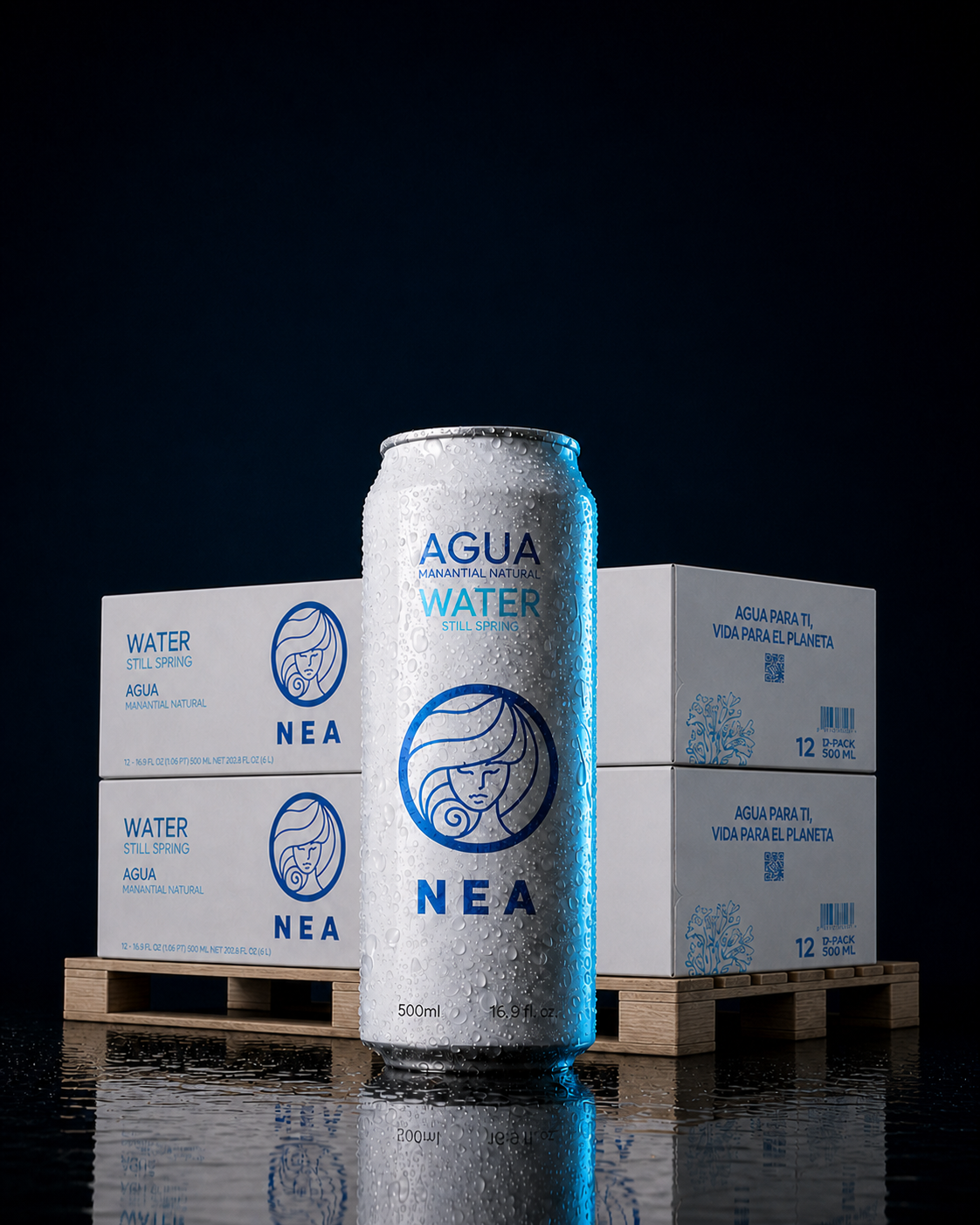 Vista frontal pallet NEA agua manantial 50cl, solución a granel sostenible para distribución