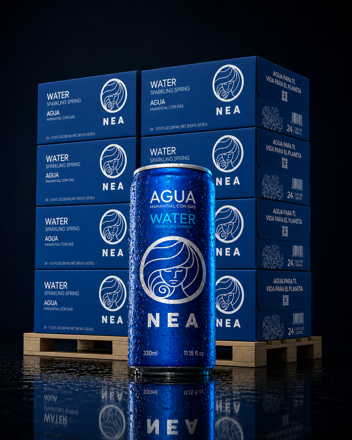 Pallet completo NEA agua con gas 33cl, 2400 latas aluminio reciclable sin plástico