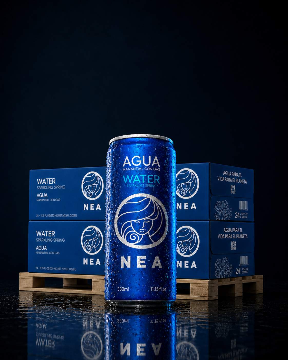 Vista lateral pallet NEA con gas 33cl, 100 cajas de 24 latas, solución HORECA sostenible